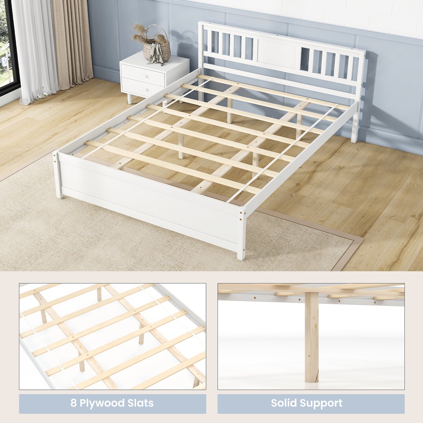 Wooden Platform Bed With Headboard, Wood Slat Support, Queen Size, White Simple Bed Frame at Gallery Canada