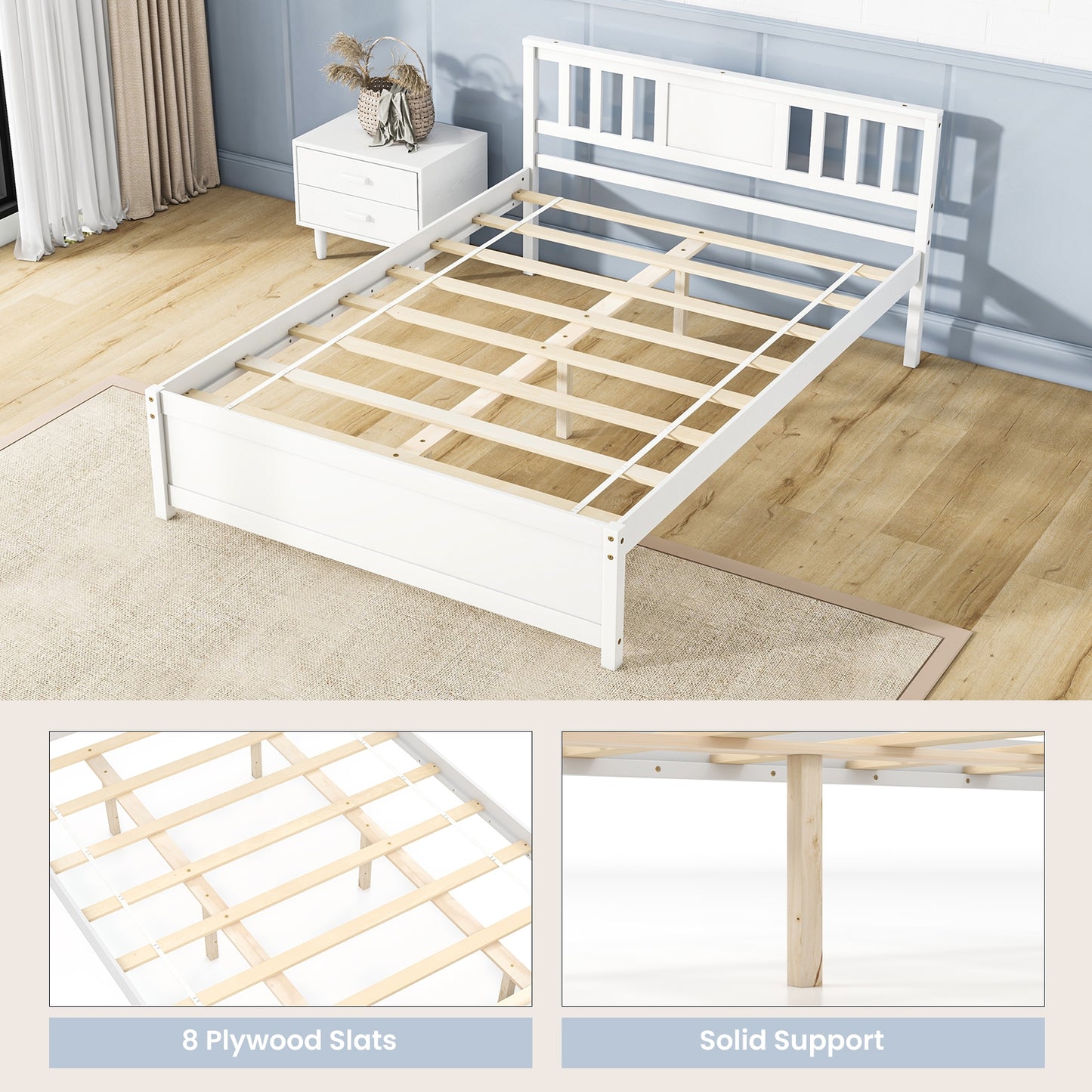 Wooden Platform Bed With Headboard, Full Size, White Simple Bed Frame at Gallery Canada