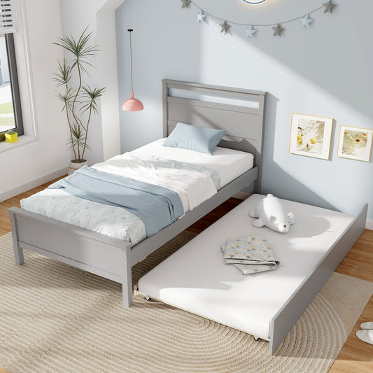 Twin Size Wooden Bed Frame with Trundle for Teens and Adults, Gray Trundle Bed Frame Gray at Gallery Canada