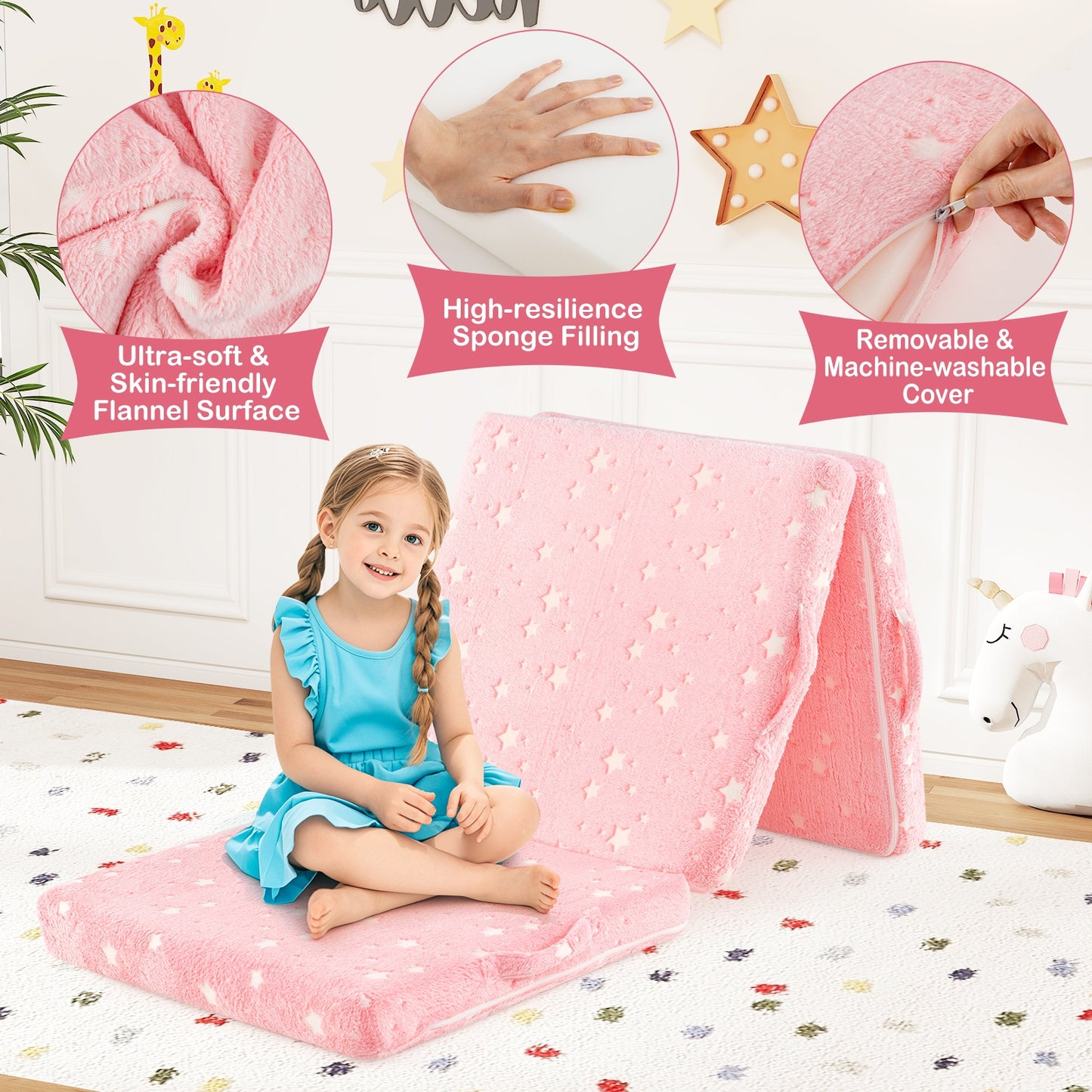 Foldable Kids Floor Mattress, Washable Flannel Cover, Pink Mattresses at Gallery Canada