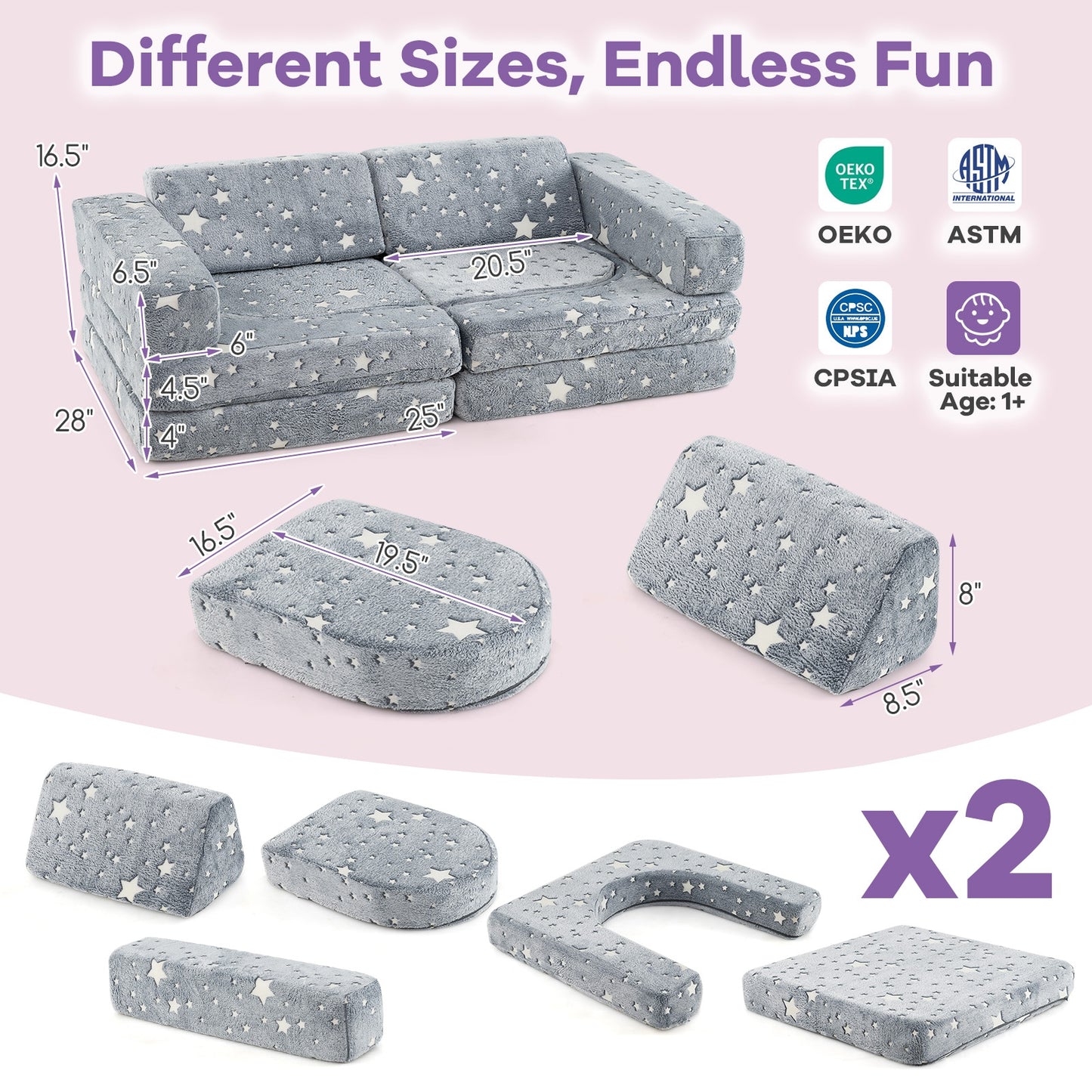 Modular Kids Play Couch Sectional Sofa, 10 Pieces, Glow In Dark, Gray Kids Chairs & Seating at Gallery Canada