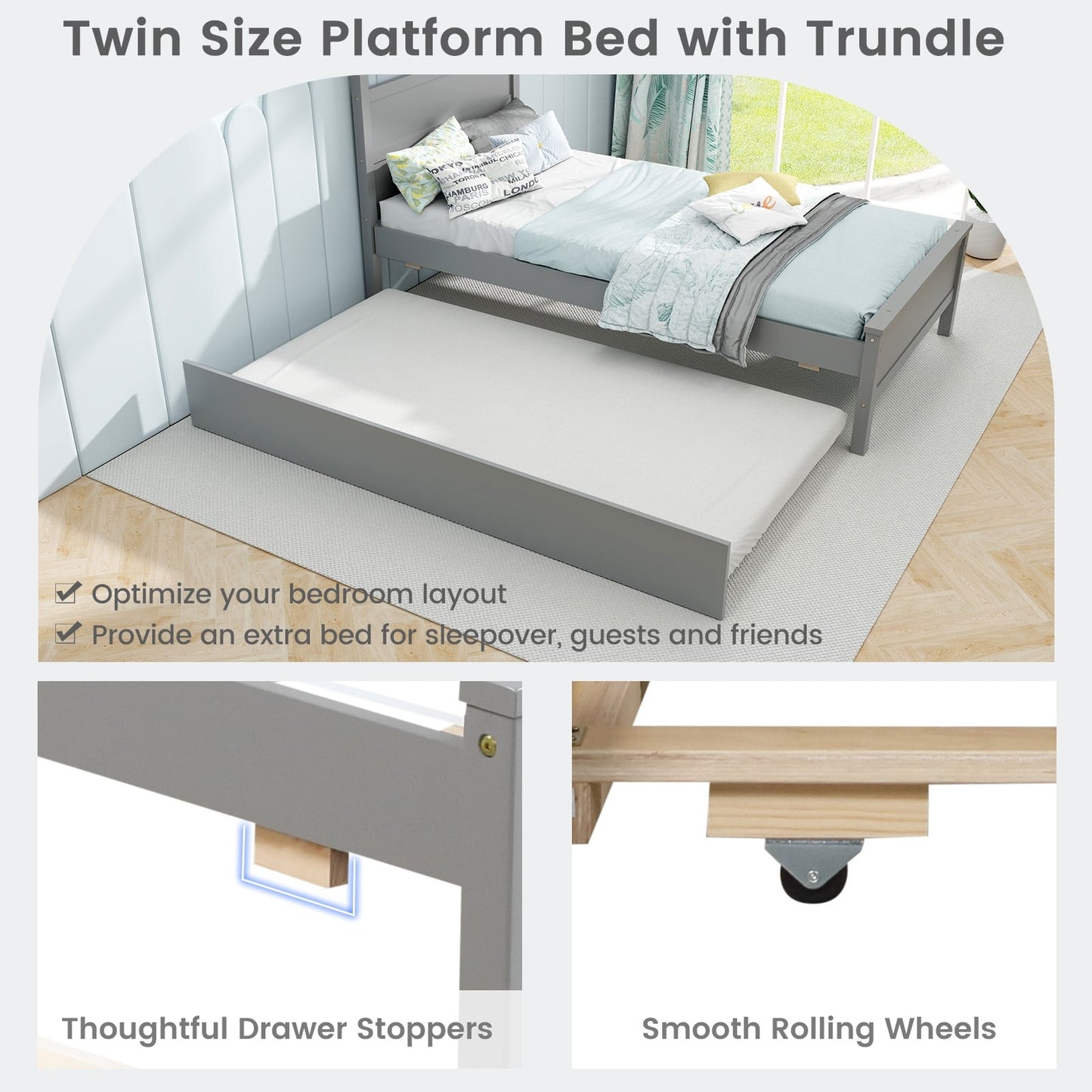 Twin Size Wooden Bed Frame with Trundle for Teens and Adults, Gray Trundle Bed Frame at Gallery Canada