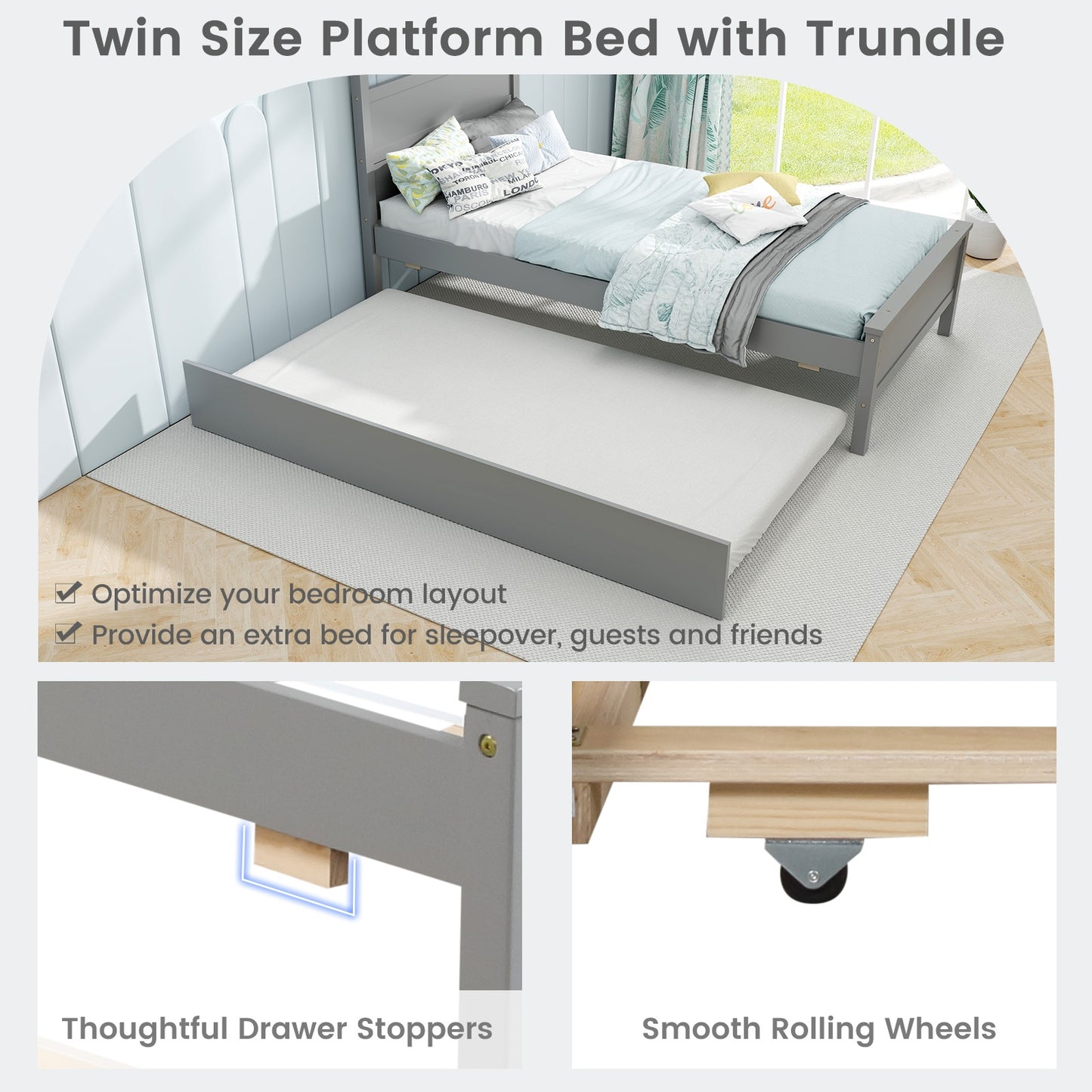 Twin Size Wooden Bed Frame with Trundle for Teens and Adults, Gray