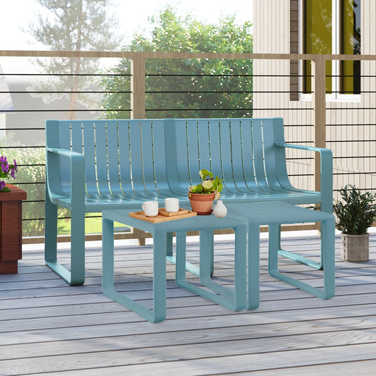 Weather-Resistant Plastic Bench, 2-Person, Curved Backrest, Blue Outdoor Benches Blue at Gallery Canada