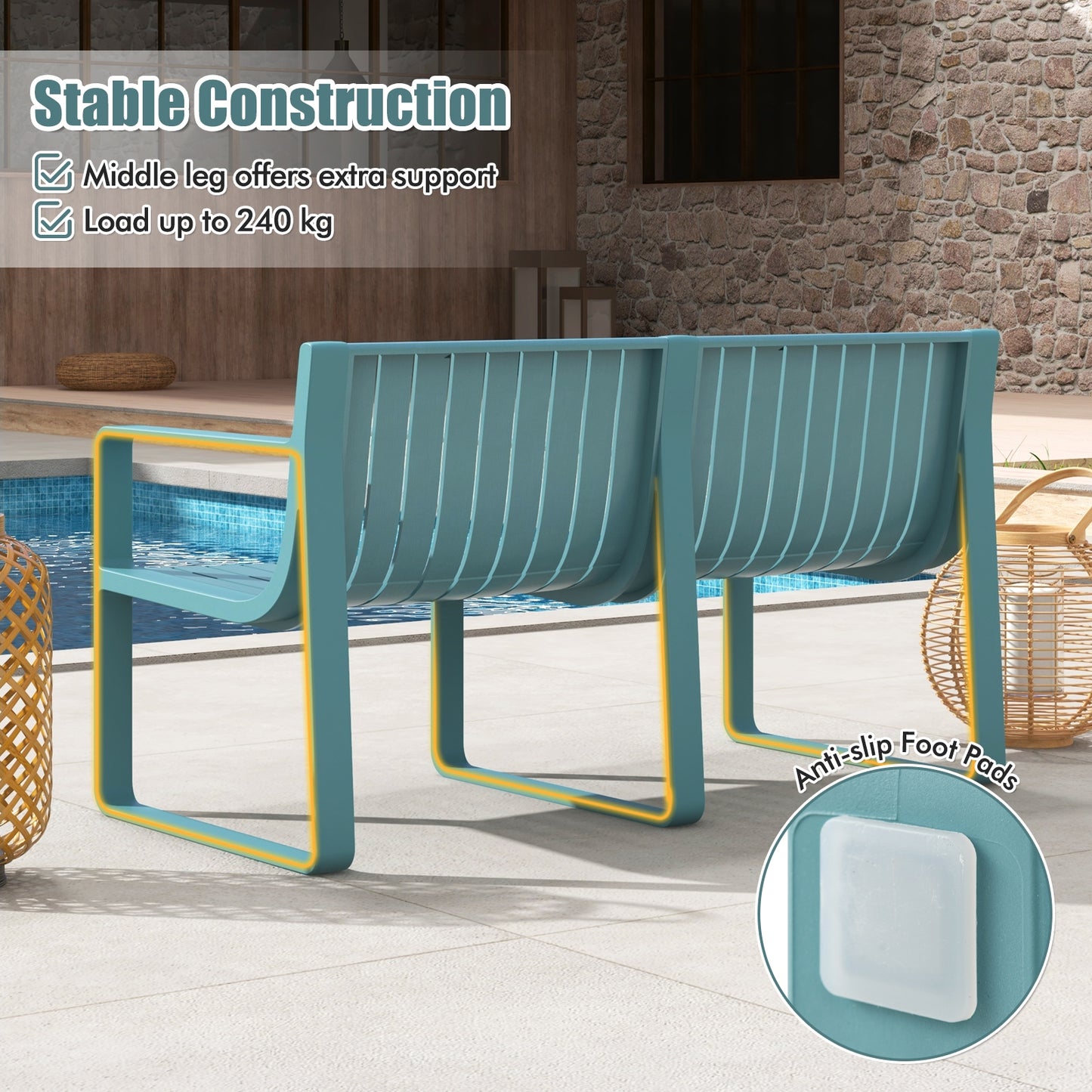 Weather-Resistant Plastic Bench, 2-Person, Curved Backrest, Blue Outdoor Benches at Gallery Canada