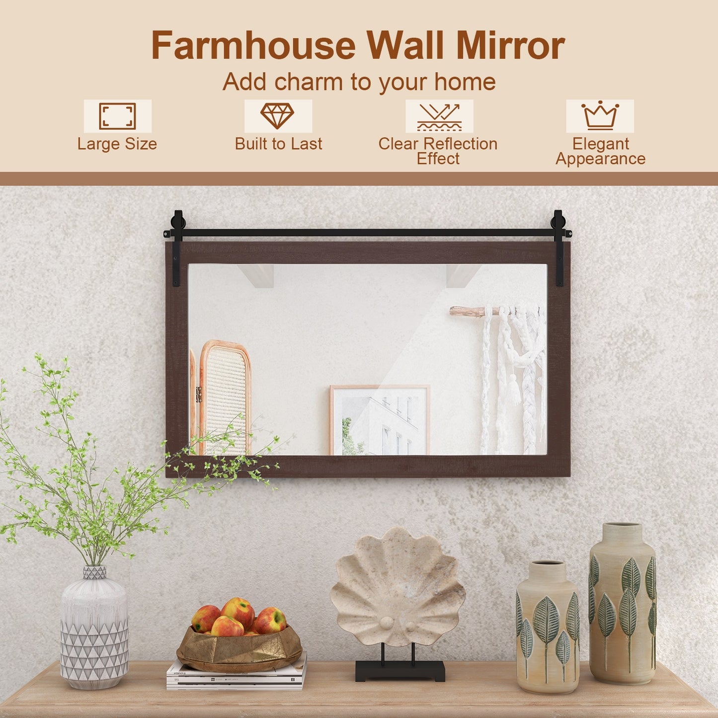 Rectangle Barn Door Style Wall Mounted Mirror with Solid Wood Frame, Walnut Wall Mirrors at Gallery Canada