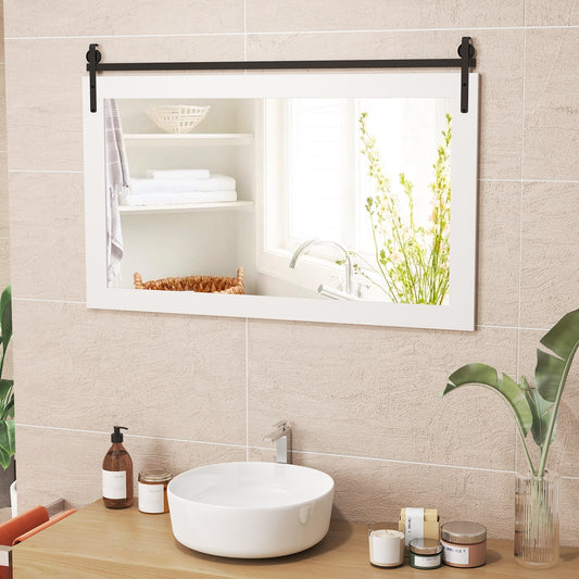 Rectangle Barn Door Mirror, Wall Mounted, Solid Wood Frame, White