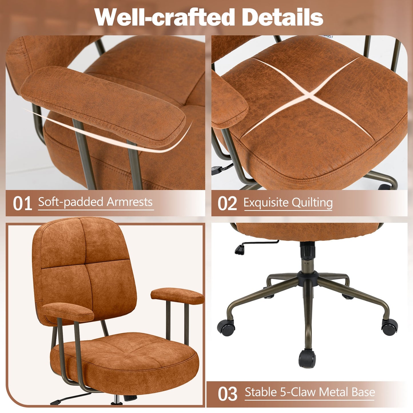 Leathaire Upholstered Task Home Office Chair with Cushioned Back, Brown Leisure Chairs at Gallery Canada