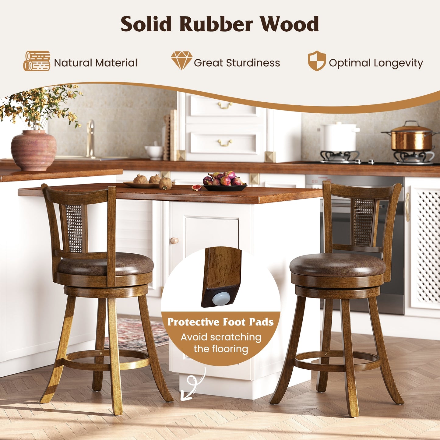 25 Inch Bar Stools Set of 2, PE Rattan Backrest, Rubber Wood Frame, Brown Bar Stools at Gallery Canada