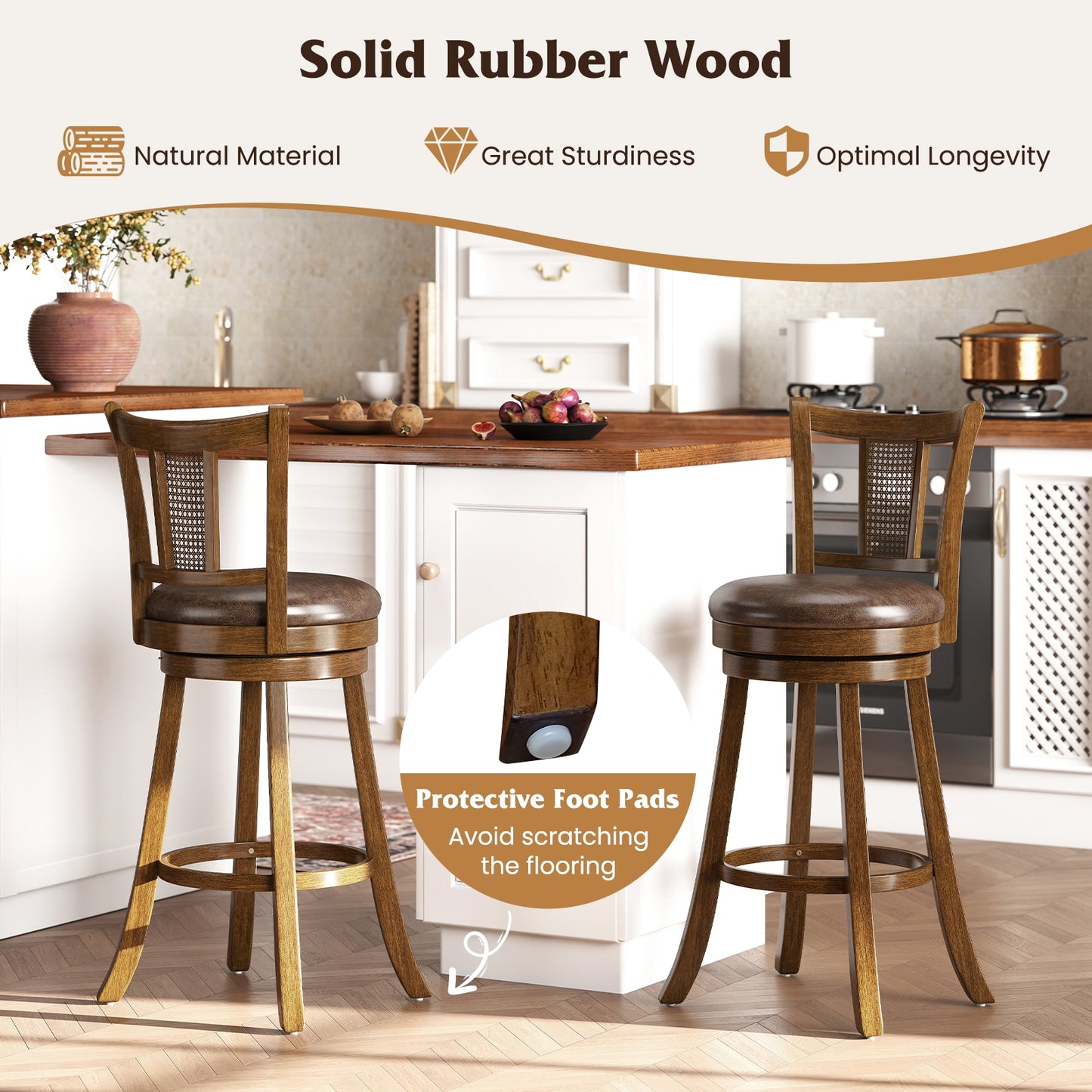 30 Inch Set of 2 Bar Stools with PE Rattan Backrest and Rubber Wood Frame, Brown Bar Stools at Gallery Canada