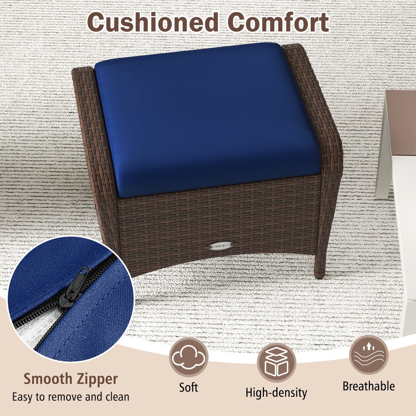 Outdoor Patio PE Wicker Ottomans, Set of 2, Removable Cushions, Navy Outdoor Seating & Patio Chairs at Gallery Canada
