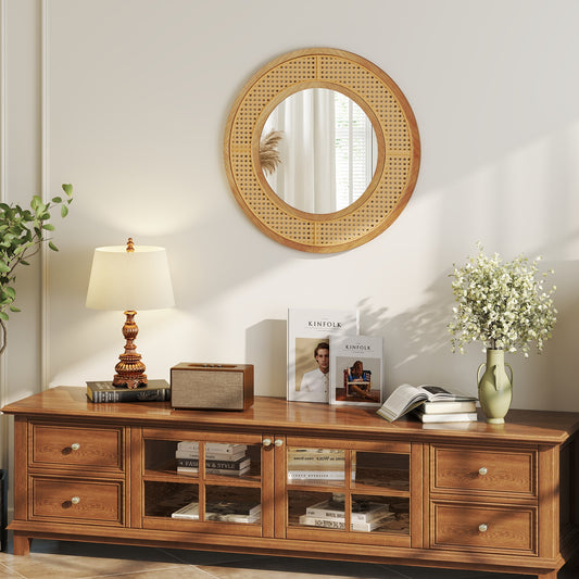 25.5 Inch Bohemian Round Wall Mounted Decorative Mirror with Wooden Frame, Natural Wall Mirrors Natural at Gallery Canada