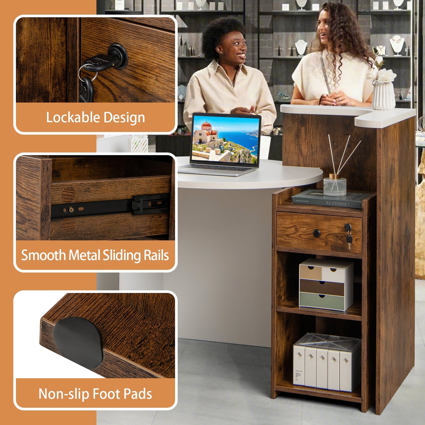 Front Reception Office Desk with Open Shelf and Drawer, Brown & White Computer Desks at Gallery Canada