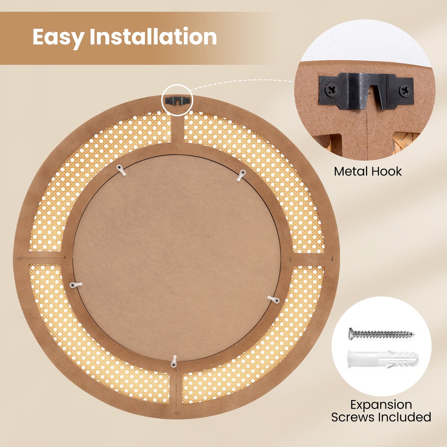 25.5 Inch Round Wall Mirror, Wooden Frame, Natural Wall Mirrors at Gallery Canada