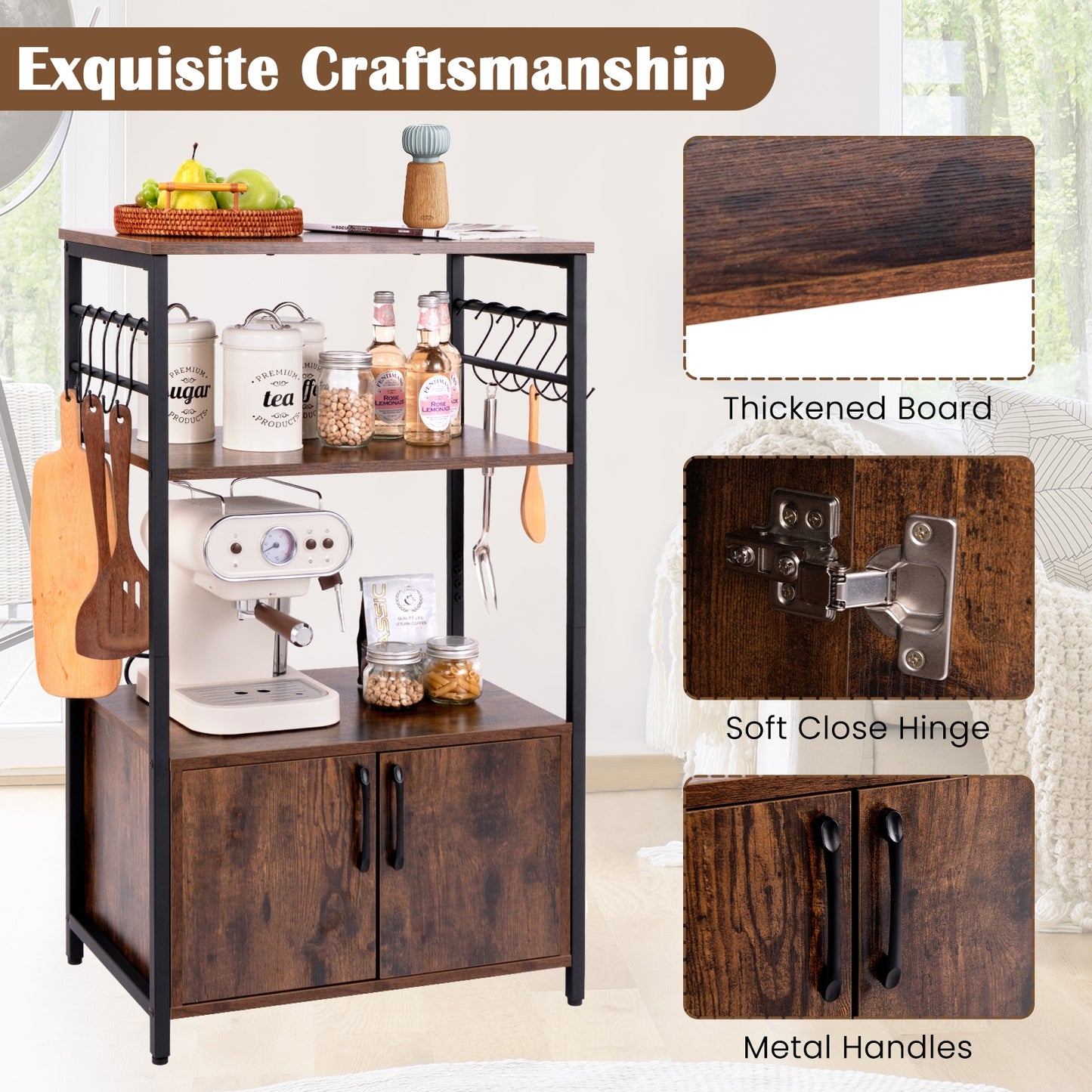 Étagère de cuisine 3 niveaux pour boulanger, armoire, 2 étagères ouvertes, marron