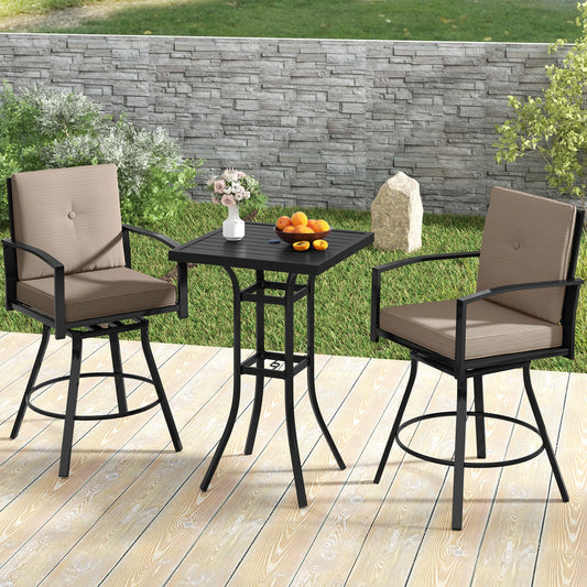3 Pieces Patio Swivel Bar Set with Soft Cushions and Umbrella Hole, Brown Patio Bar Furniture Brown at Gallery Canada