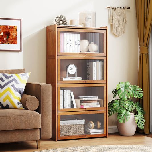 4-Tier Bamboo Bookcase with Doors for Study Room Living Room, Brown Bookcases Brown at Gallery Canada