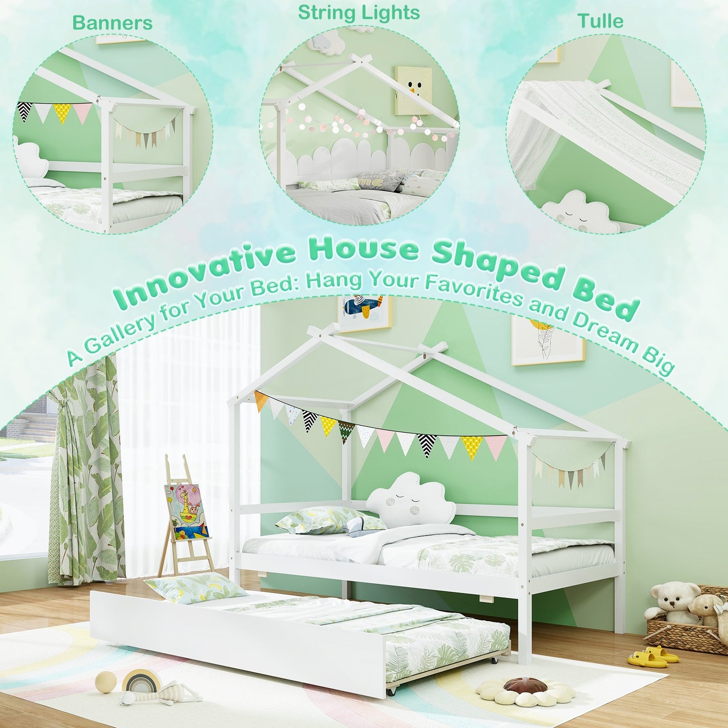Kids Twin Size House Bed With Trundle And Roof, White