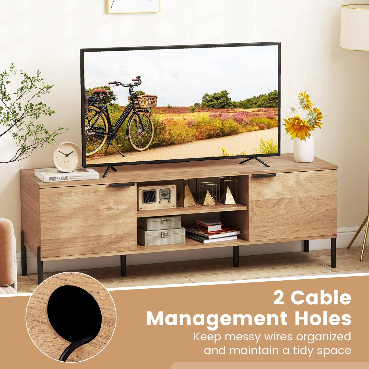 2-Door TV Stand with Charging Station and Open Shelves for TVs up to 65 Inches, Natural Entertainment Centers & TV Stands at Gallery Canada