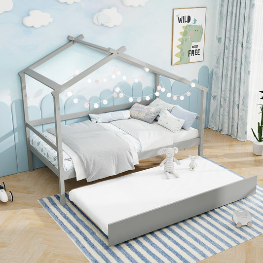 Twin Size Kids House Bed With Trundle And Roof, Gray Trundle Bed Frame Gray at Gallery Canada