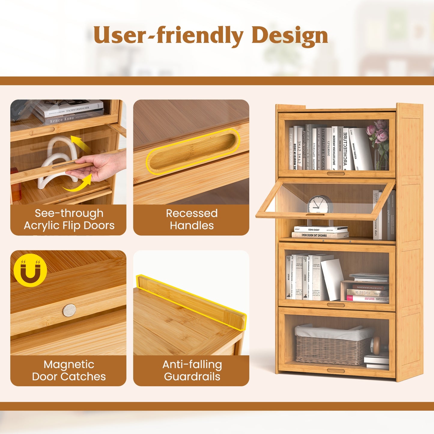 4-Tier Bamboo Bookcase With Doors, Natural Bookcases at Gallery Canada