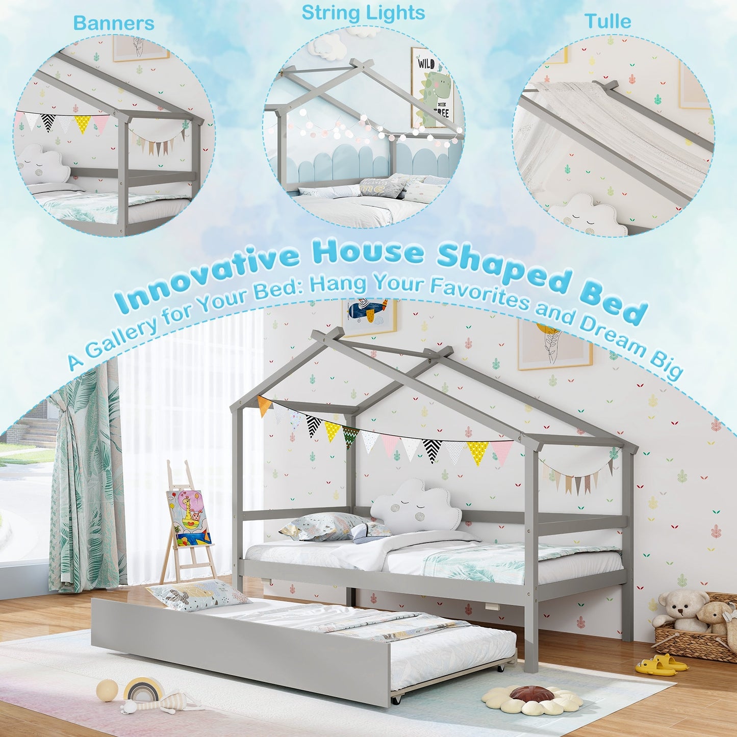 Lit Maison Enfant Jumeau Avec Lit Roulant Et Toit, Gris