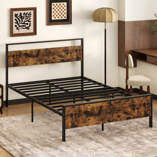 Full Metal Bed Frame, Wooden Headboard, Full Size, Rustic Brown Simple Bed Frame Rustic Brown at Gallery Canada