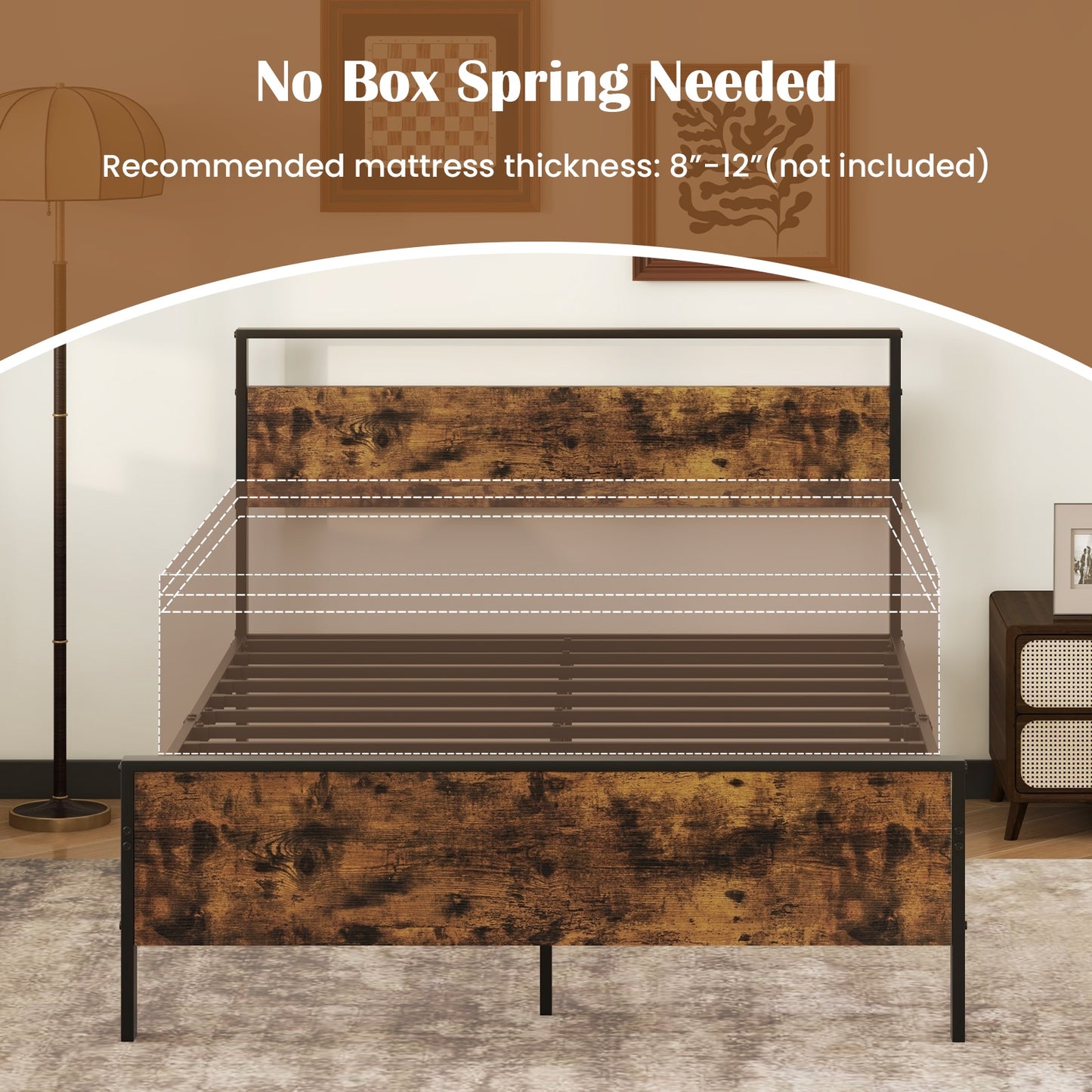 Full Metal Bed Frame, Wooden Headboard, Full Size, Rustic Brown Simple Bed Frame at Gallery Canada