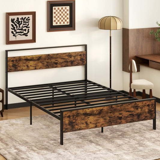 Queen Metal Bed Frame, Wooden Headboard, Rustic Brown Simple Bed Frame Rustic Brown at Gallery Canada