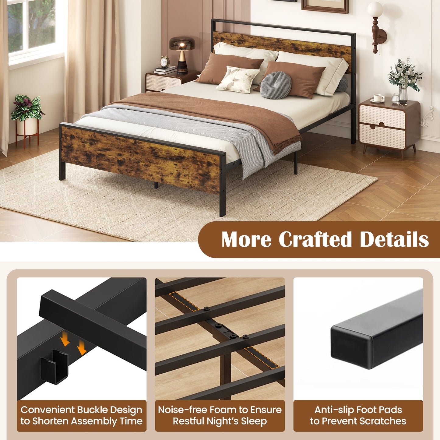 Queen Metal Bed Frame, Wooden Headboard, Rustic Brown Simple Bed Frame at Gallery Canada