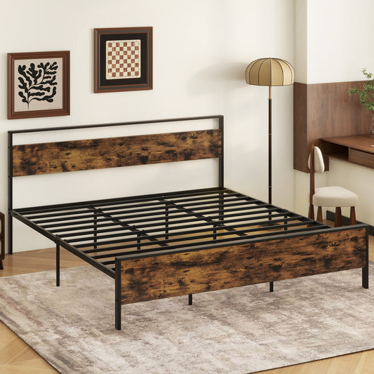 Industrial Platform Bed Frame With Wooden Headboard, King Size, Rustic Brown Simple Bed Frame Rustic Brown at Gallery Canada