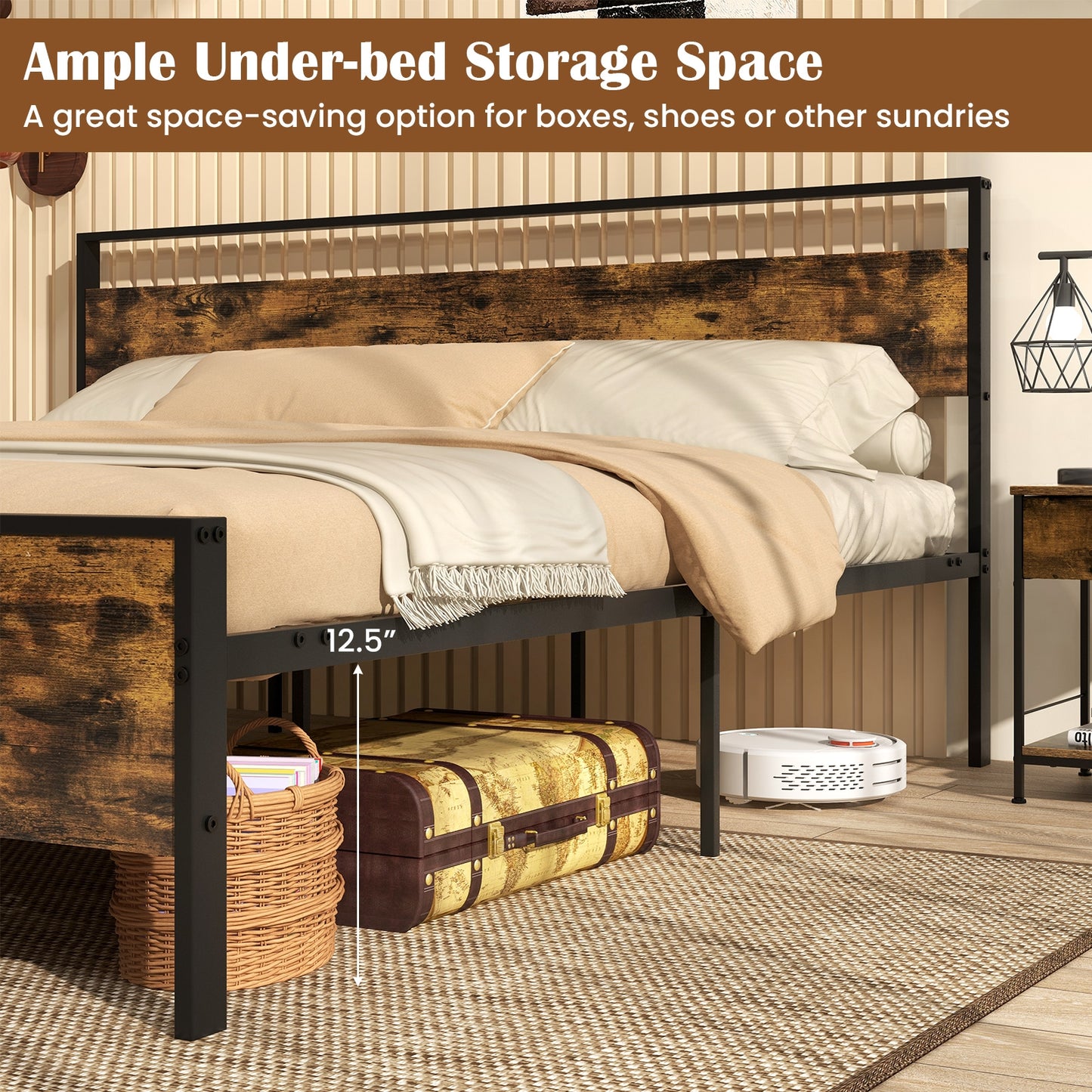Industrial Platform Bed Frame With Wooden Headboard, King Size, Rustic Brown Simple Bed Frame at Gallery Canada