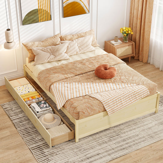Queen Size Bed Frame, 2 Rolling Storage Drawers, Natural