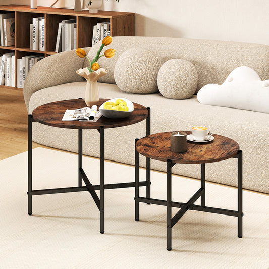 Round Coffee Table Set, Heavy-Duty Metal Frame, Rustic Brown End & Side Tables Rustic Brown at Gallery Canada