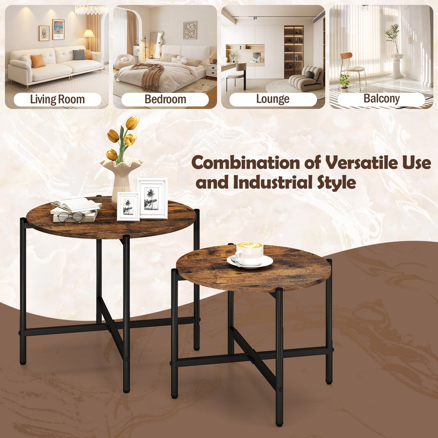 Round Coffee Table Set, Heavy-Duty Metal Frame, Rustic Brown End & Side Tables at Gallery Canada