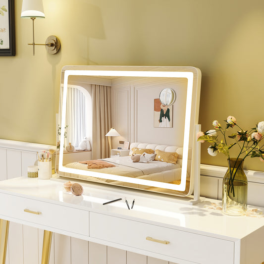 32 x 22 Inch Makeup Vanity Mirror, 3-Color Lighting, White Wall Mirrors White at Gallery Canada
