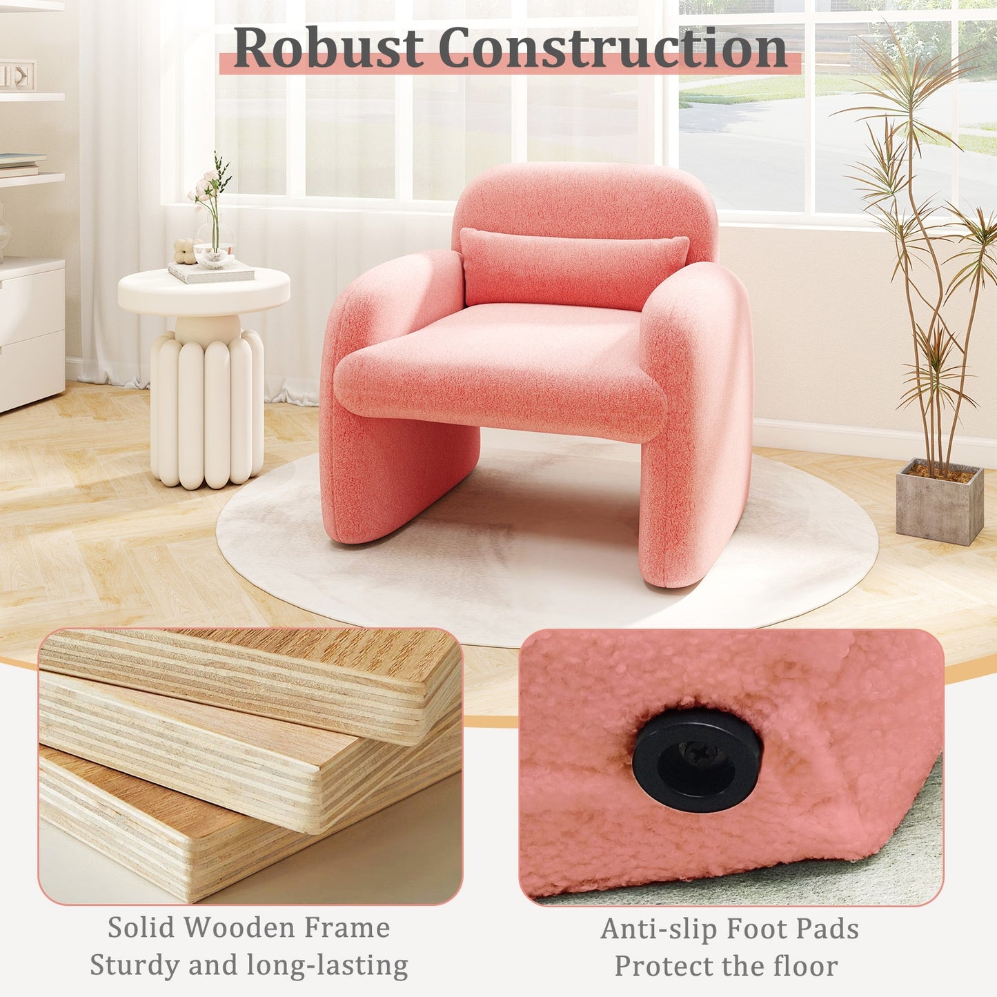 Modern Accent Chair with Waist Pillow and Armrests for Living Room Bedroom, Pink