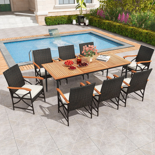 79 Inch Outdoor Acacia Wood Dining Table and 8 Rattan-woven Dining Chairs with Umbrella Hole, Natural Patio Dining Sets Natural at Gallery Canada