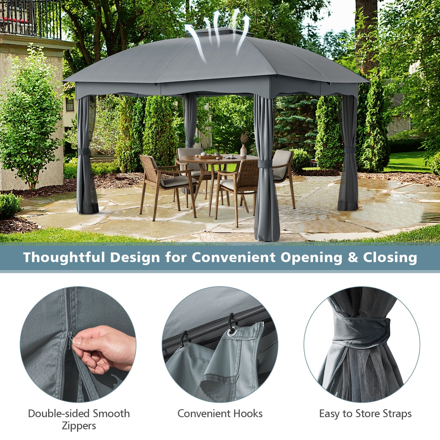 12 x 10 Feet Canopy Double Vented Heavy Duty Steel Gazebo, Gray Gazebos at Gallery Canada
