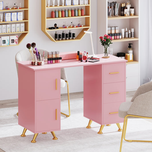 Wooden Manicure Table Nail Desk with Drawers Wrist Rest, Pink Office Desks Pink at Gallery Canada