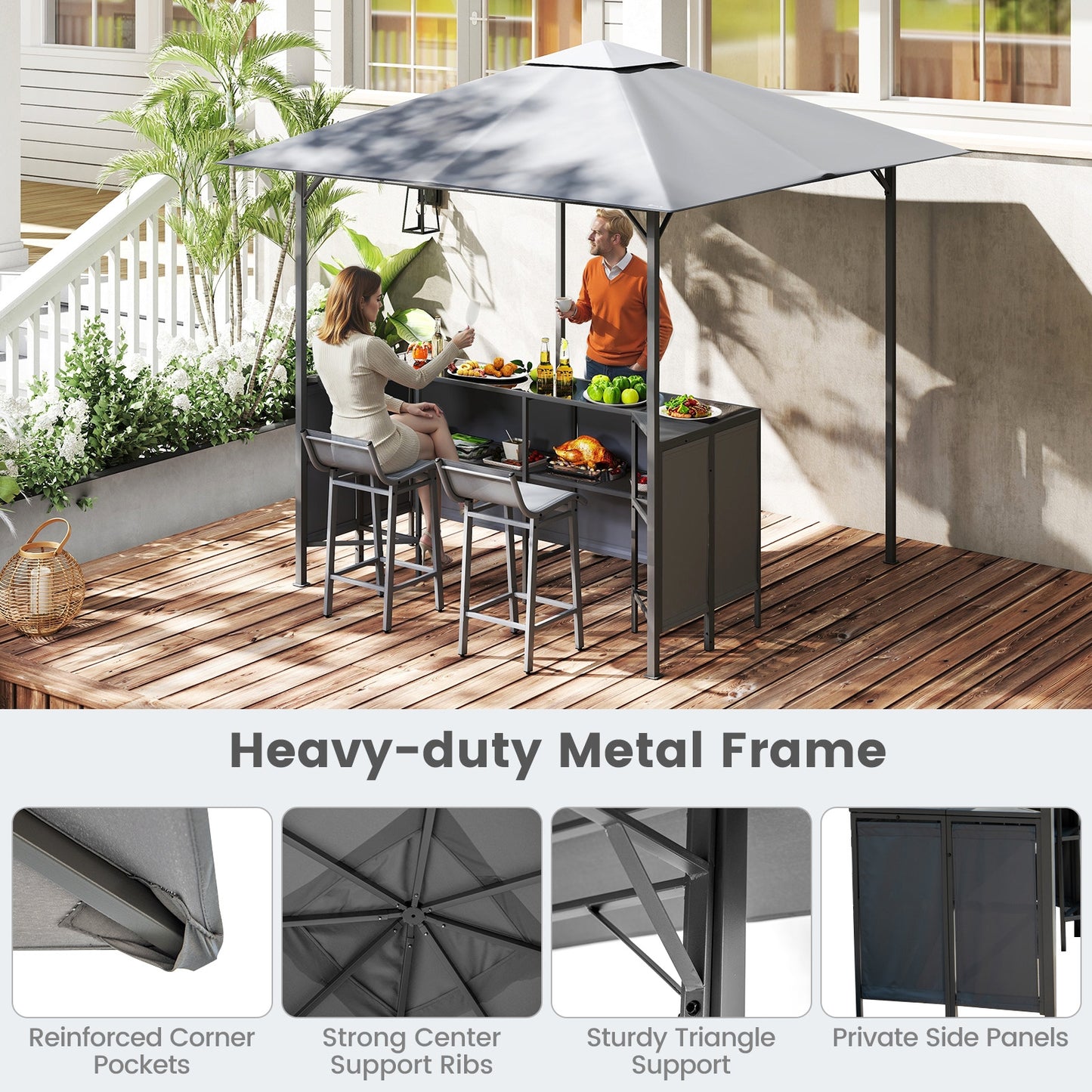 3-Piece Patio Bar Set 8 x 8 FT Double-Tier Grill Gazebo with 2 Bar Stools, Gray Patio Bar Furniture at Gallery Canada