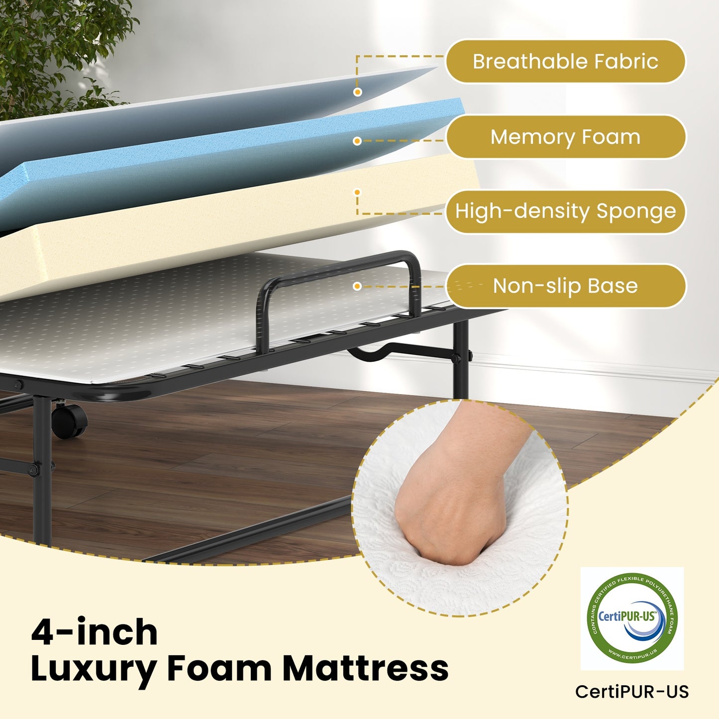 Lit pliant de taille jumelle, Matelas en mousse à mémoire de forme, Cadre en métal robuste