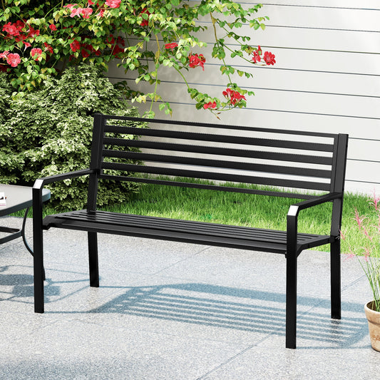 50 Inch Outdoor Metal Park Bench, Patio Slatted Garden Bench, Black Outdoor Benches Black at Gallery Canada