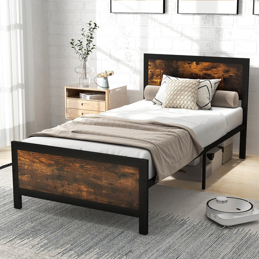 Metal Bed Frame with Headboard and Footboard-Twin Size Simple Bed Frame Rustic Brown at Gallery Canada