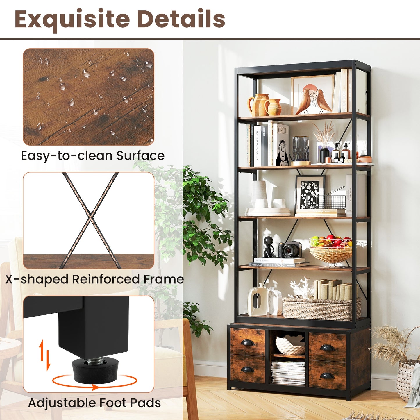 8-Tier Bookshelf With 4 Fabric Drawers, Heavy-Duty Metal Frame, Coffee Bookcases at Gallery Canada