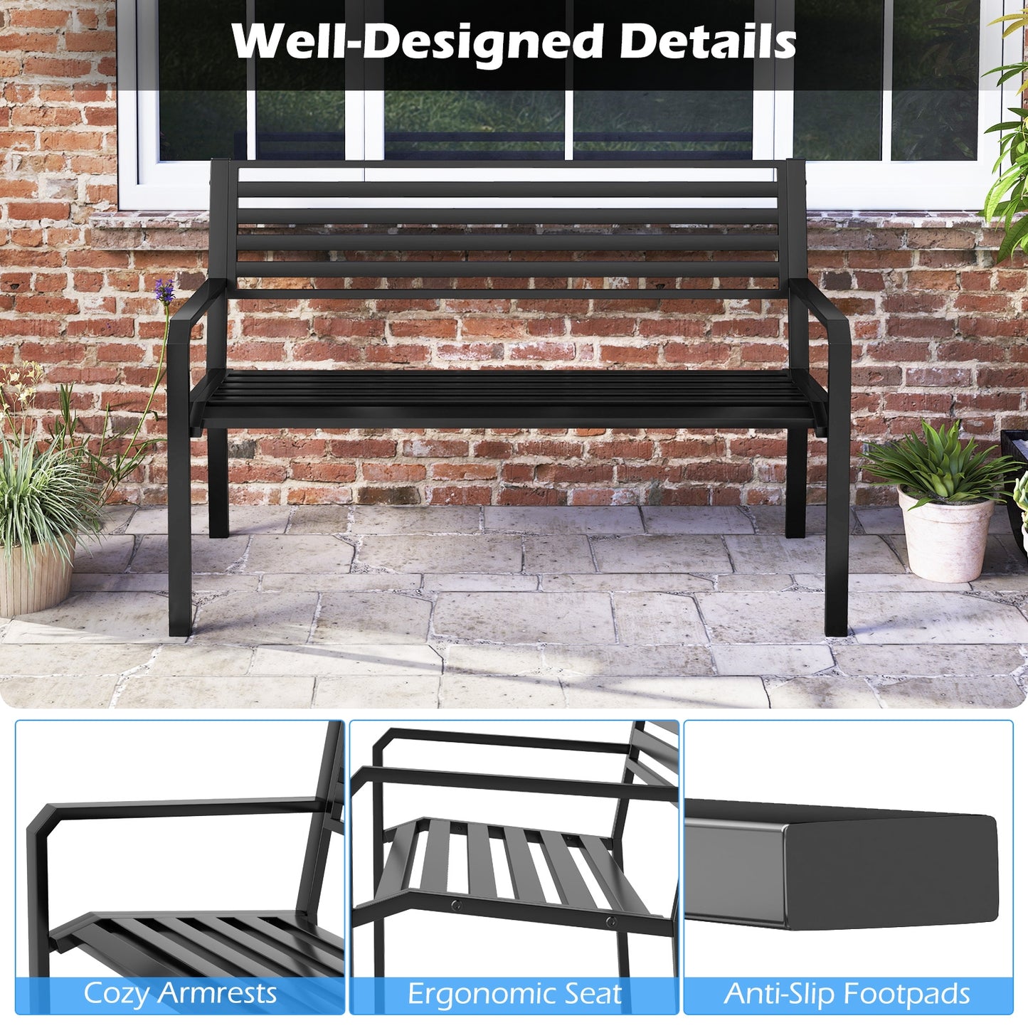 50 Inch Outdoor Metal Park Bench Patio Slatted Garden Bench for 2-3 People, Black Outdoor Benches at Gallery Canada