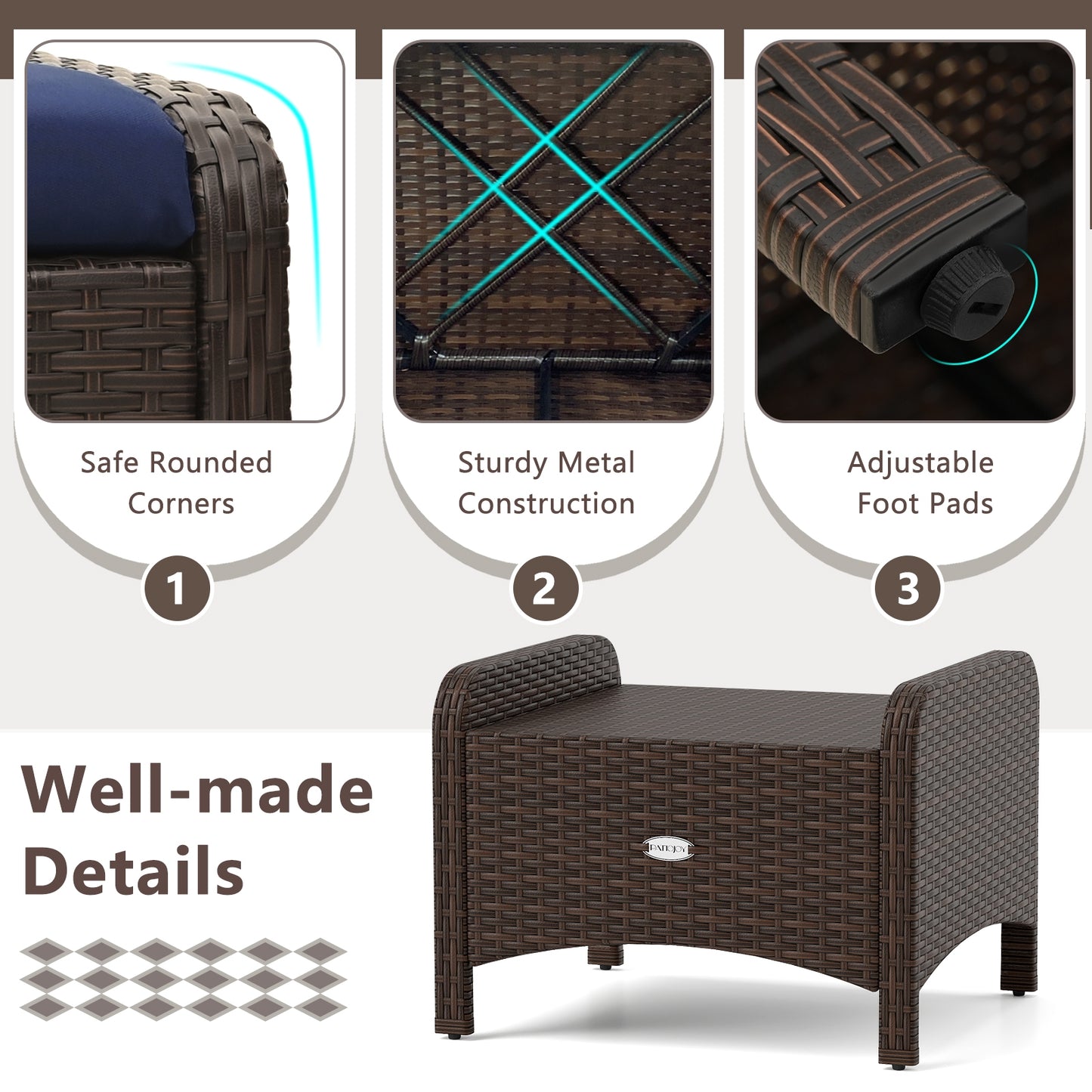 2 Pieces Outdoor Patio PE Wicker Ottomans, Removable Cushions, Navy Outdoor Seating & Patio Chairs at Gallery Canada