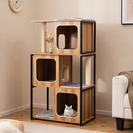 Modern Cat Tree With Metal Frame, Scratching Posts, Natural