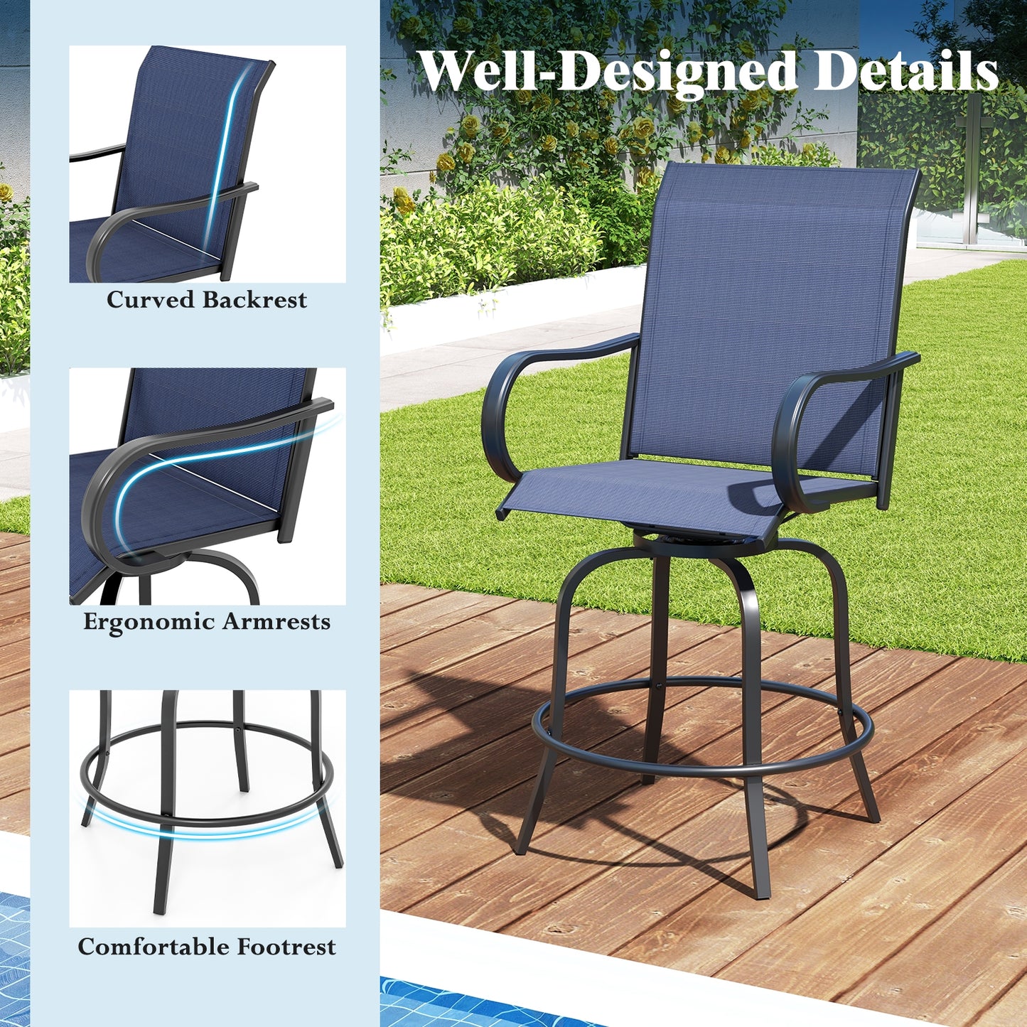 2 Pieces 360 Rotating Bar Stool Set with Armrests for Patio, Navy Patio Bar Furniture at Gallery Canada