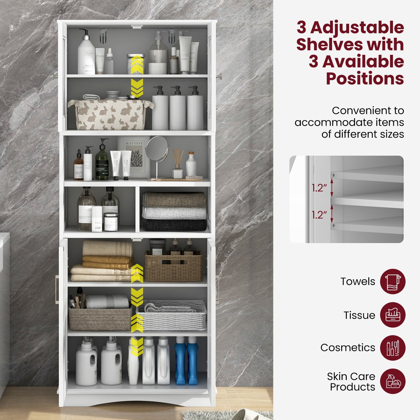 Tall Bathroom Cabinet Large Floor Storage Cabinet with Acrylic Doors and 3 Cubes, White Floor Cabinets at Gallery Canada